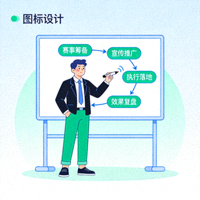 体育策划服务图标，显示策划人员在白板上绘制赛事活动流程图
